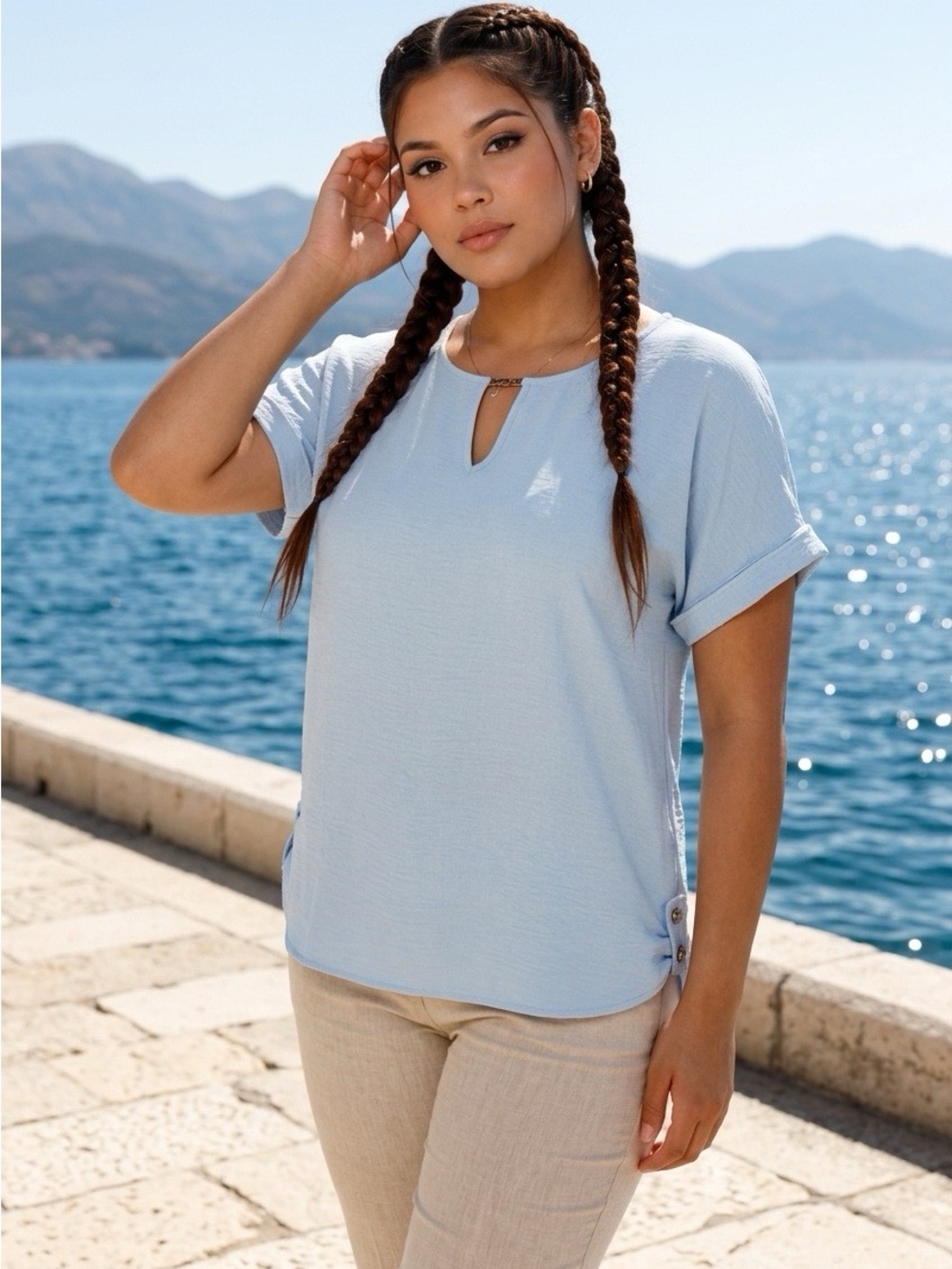 2428-Calvin Klein Light Blue Keyhole Cuffed Short Sleeve Blouse Top - Size L